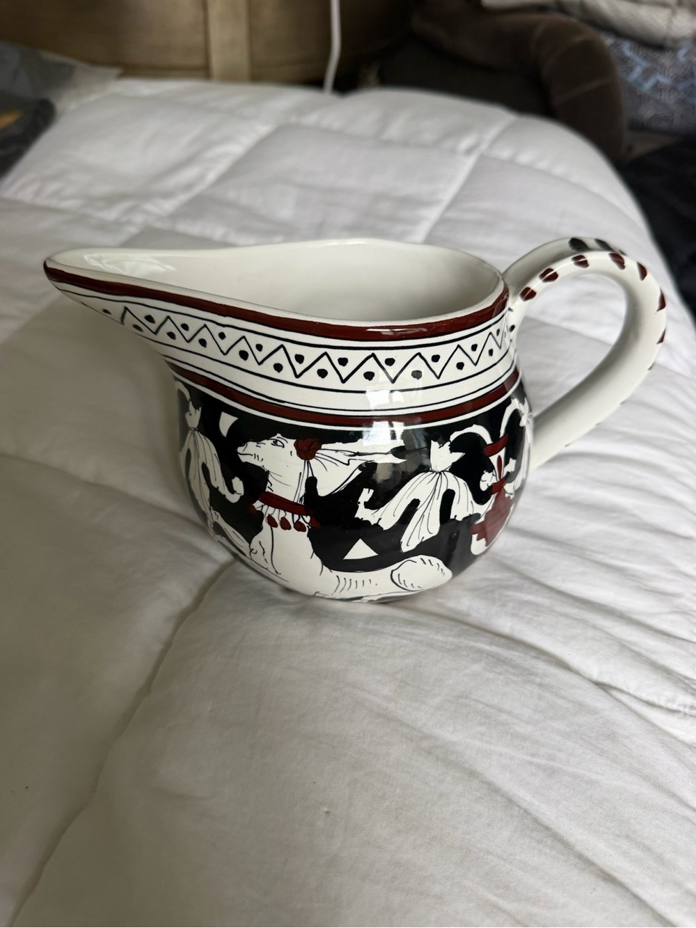 Hand-Painted White Ceramic Pitcher with Black & Red Motif